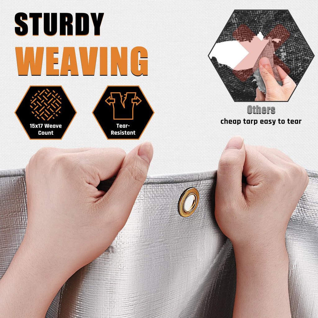 12x20FT Waterproof Tarp, Yumatum 16 Mil Heavy Duty Tarps with Reinforced Edges/Brass Grommets, 100% UV Blocking/Tear Resistant Poly Tarp for Camping, Patio, Tent, Boat(Silver/Black)