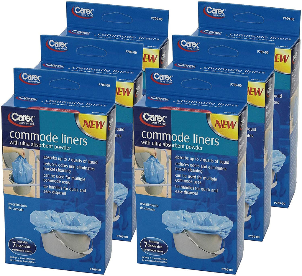 Carex Commode Liners, 42 Liners - Fits Most Commodes, With Absorbent Powder, Holds 2 Quarts Liquid, Disposable and Hygienic, 7 Toilet Liners/box, Pack of 6