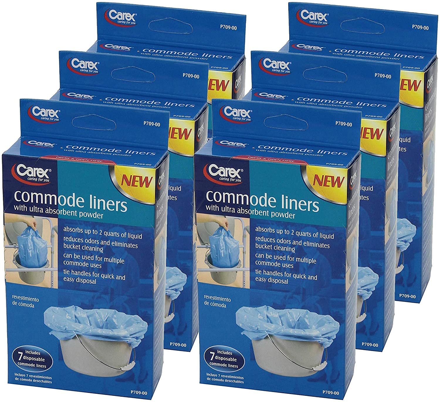 Carex Commode Liners, 42 Liners - Fits Most Commodes, With Absorbent Powder, Holds 2 Quarts Liquid, Disposable and Hygienic, 7 Toilet Liners/box, Pack of 6