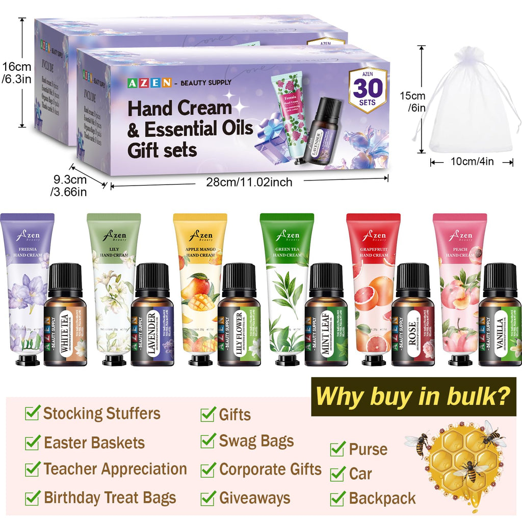 AZEN 60 Sets Bulk Gifts, Hand Cream and Essential Oils Bulk Set with Organza Bag Thank You Card, Baby Shower Wedding Gifts for Guests, Bridal Wedding Favors, Valentines Gift for Women