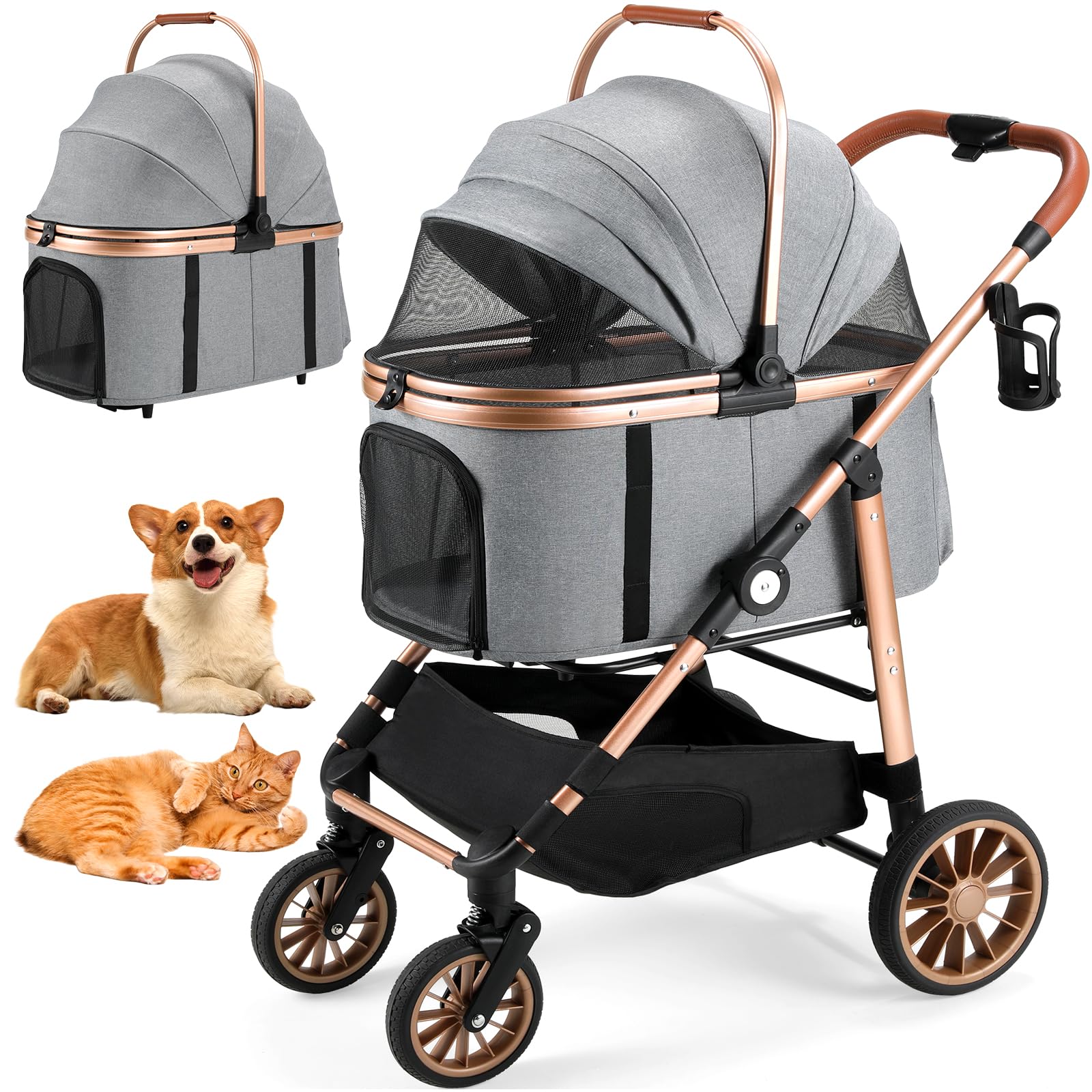 MAMIZO Pet Stroller for Medium Dogs Cats Up to 44 lbs, All-Terrain 3-in-1 Dog Stroller with Detachable Carrier, Rubber Wheels, One-Click Folding, Storage Basket & Cup Holder, for Senior Dogs & Cats