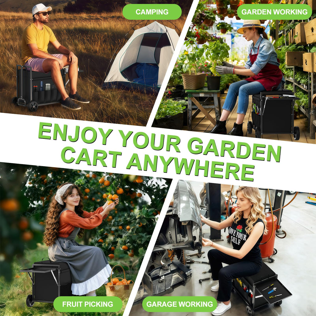 Garden Seat with Wheels, Garden Cart with Seat, 400 lbs Garden Rolling Utility Cart with Foldable Side Trays, for Gardening, Patio, Backyard, Gardening Gifts for Fathers Day