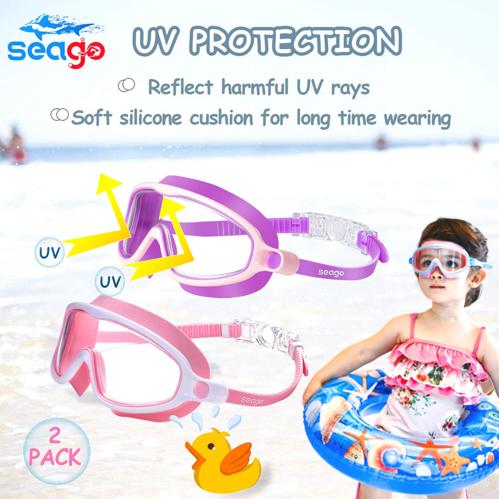 Kids Goggles for Swimming 2 Pack No Leaking Anti-Fog Outer Eye Fit with Wide View UV Protection Crystal Clear Watertight Swim Goggles with nose cover Suitable for Children Youth Boys Girls Age 3 to 14