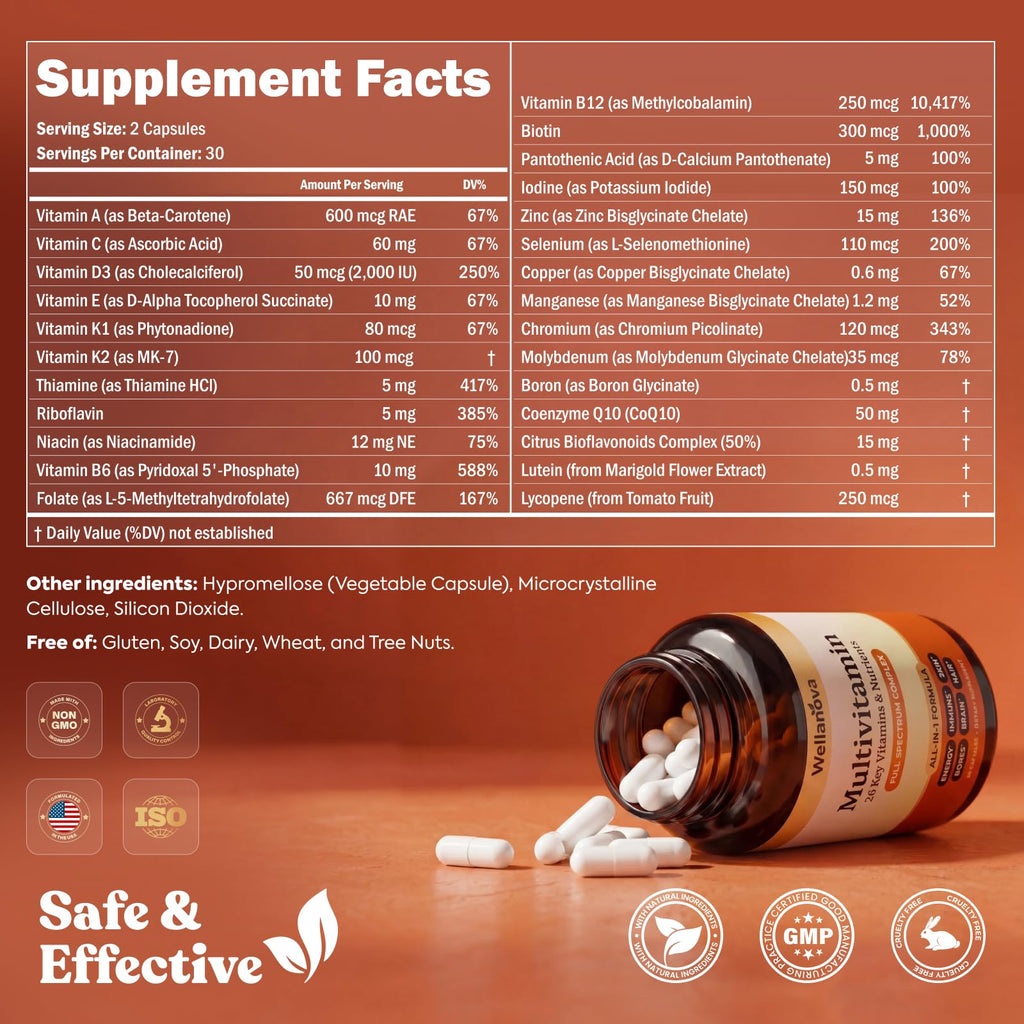 Wellanova Multivitamin for Women & Men 50 and Over– Daily 26 Key Vitamins, Minerals & Nutrients – All-in-1 Multivitamins for Women & Men – 60 Capsules