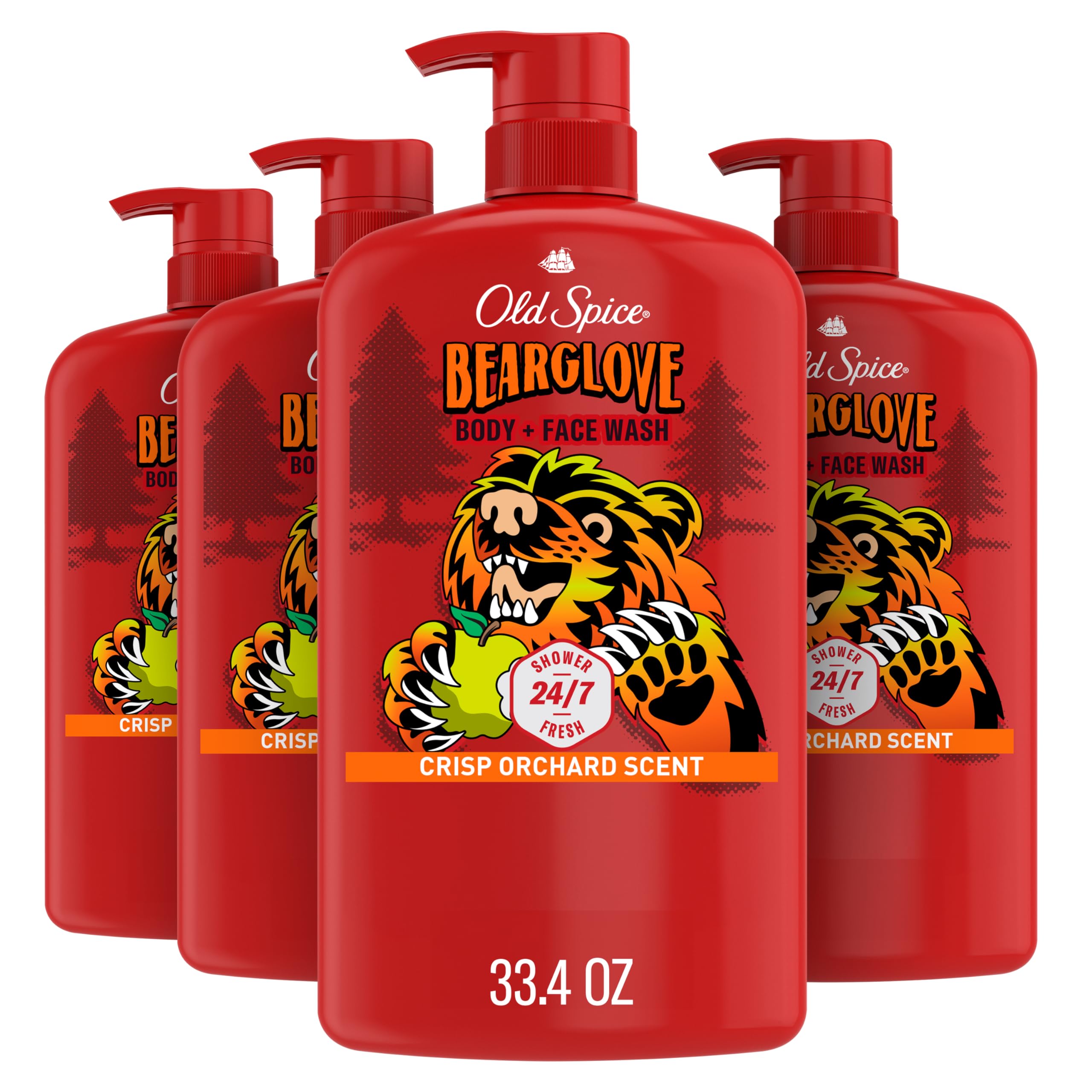Old Spice Cleansing Body Wash for Men, 3X Defense, 24/7 Shower Fresh with Lasting Scent, 2-in-1 Body & Face Wash, Bearglove with Crisp Orchard Scent, 33.4 (Pack of 4)