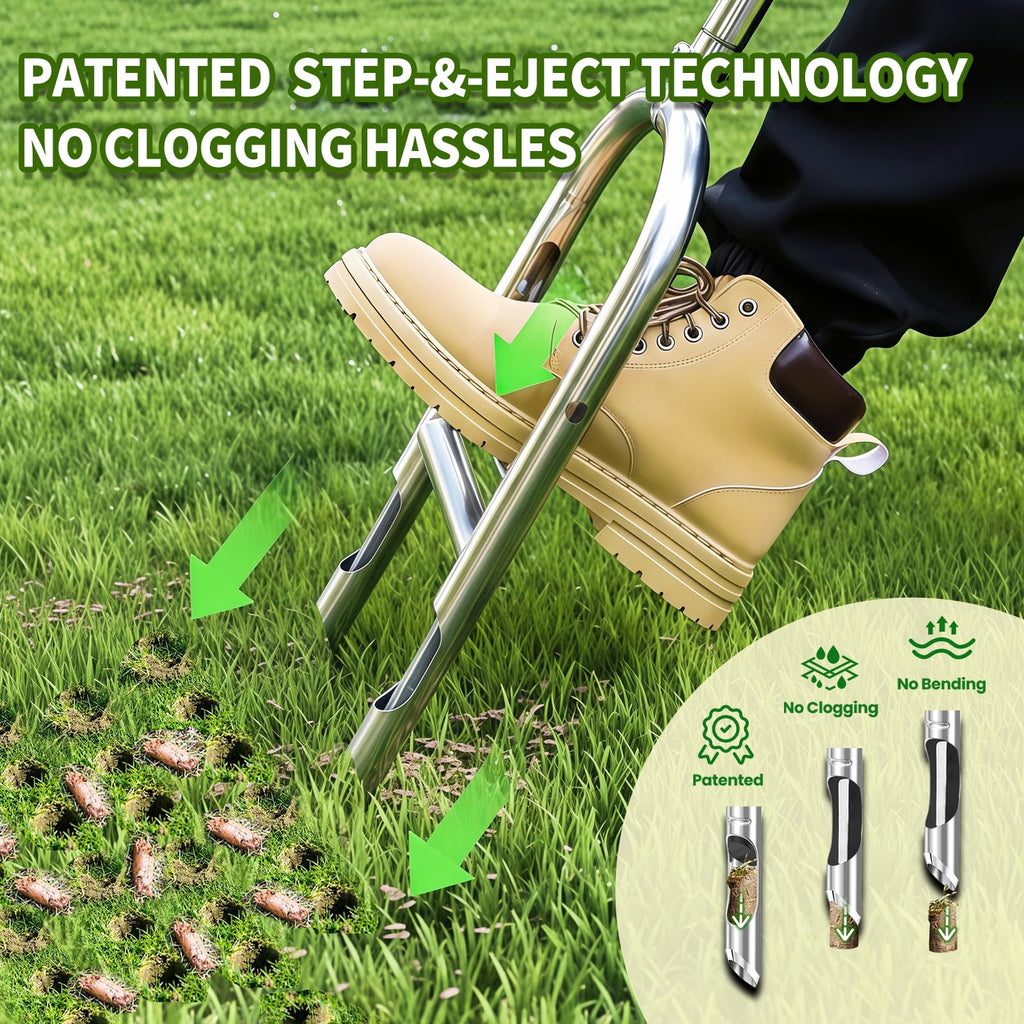 Manual Lawn Aerator Tool - Core Aerator with Step-to-Eject Technology for Never-Clogging Lawn Aeration, Heavy-Duty Steel Construction,Easy DIY Plug Aerator for Healthier Grass and Yard (Black)