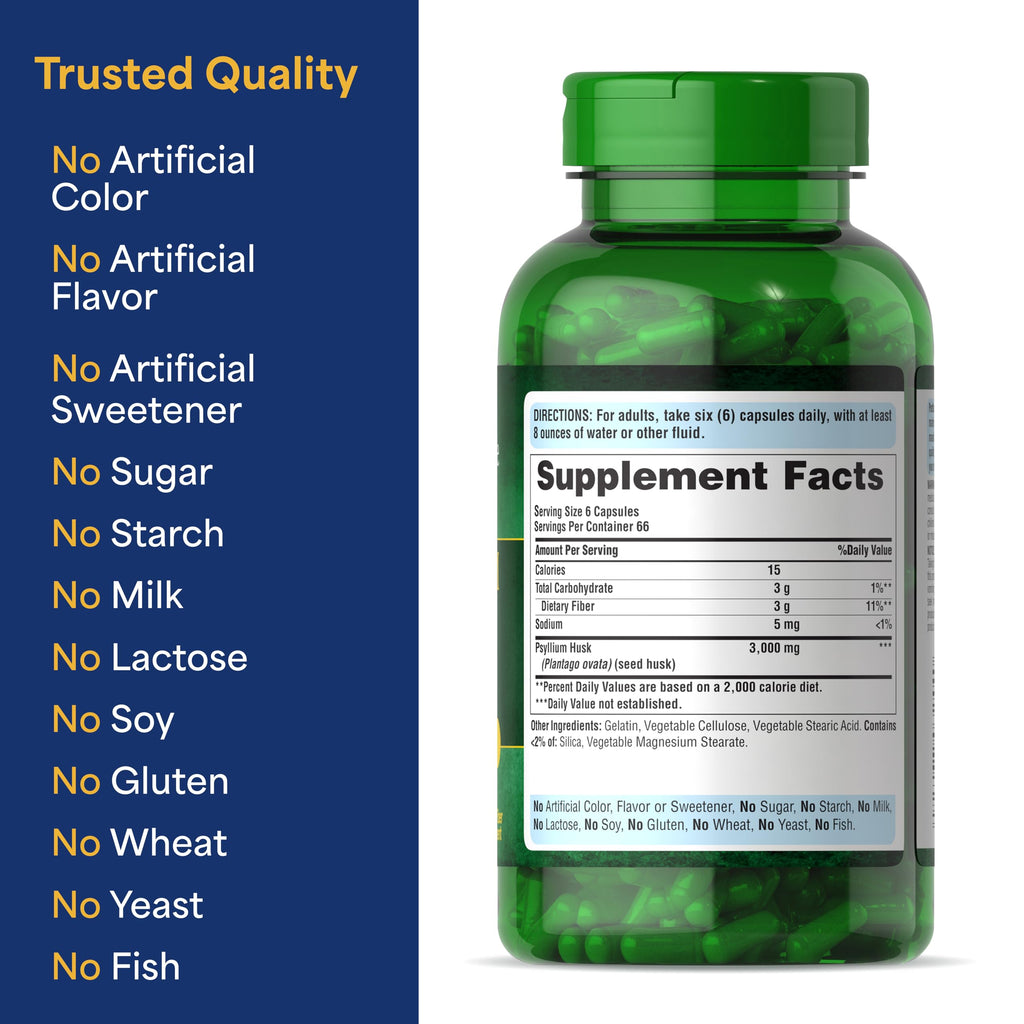 Puritan's Pride Herbal Ease® Psyllium Husks 500mg, Dietary Supplement for Digestive, Colon, and Heart Health Support, Daily Fiber Capsules, 2 Month Supply, 400 Rapid Release Capsules