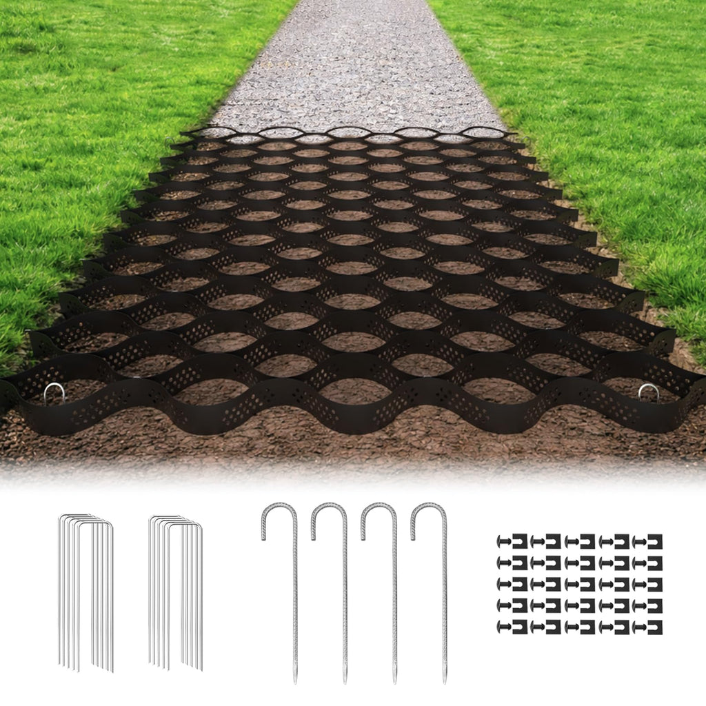 Gravel Grid 3'' Depth with Metal Stakes, 6.6x16.4 FT Geogrid for Gravel Driveway 2200 lbs per Sq FT Erosion Control Ground Grid Gravel Stabilizer Grid for Driveway, Parking Lot, Slope, Walkway, Patio