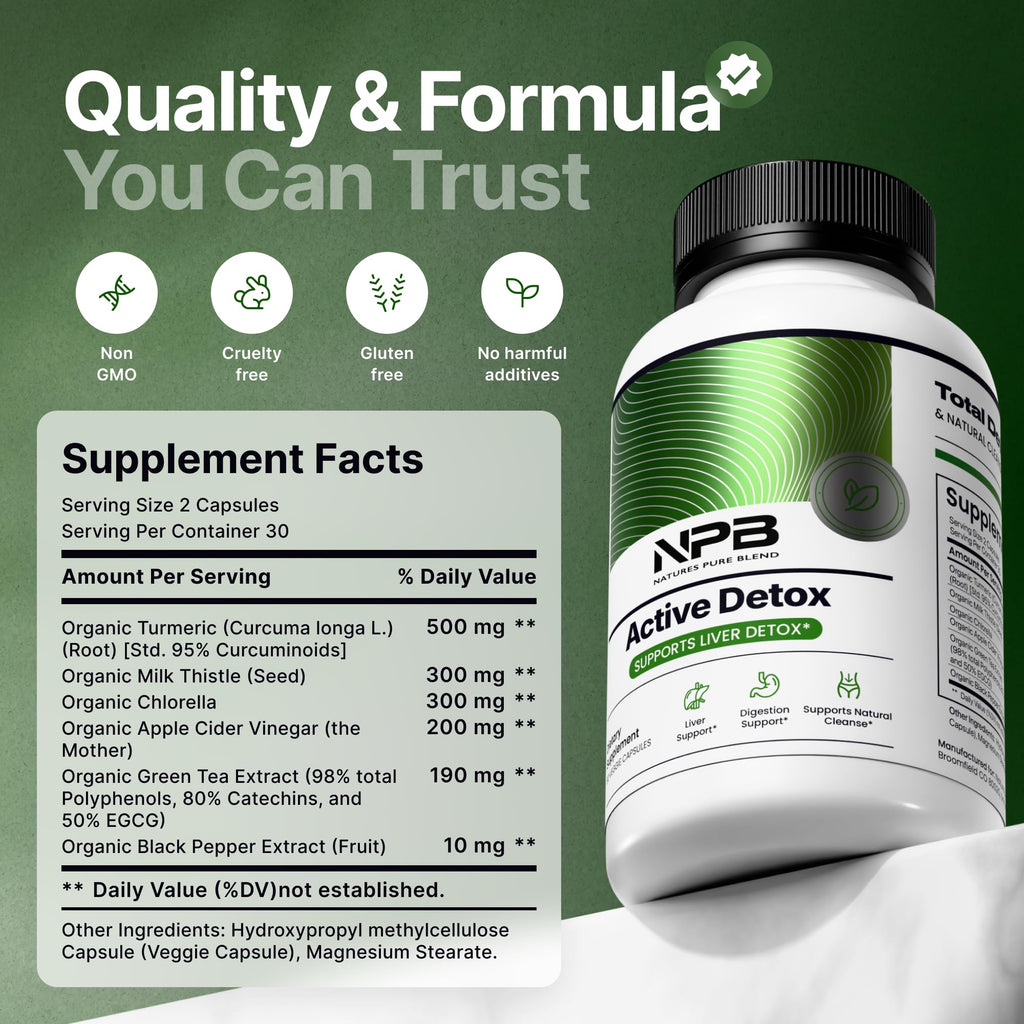 Nature's Pure Blend Active Detox Cleanse – Organic Turmeric Supplement with Apple Cider Vinegar for Digestive Support – Body Detox for Men to Promote Balance & Vitality – Green Tea & Milk Thistle
