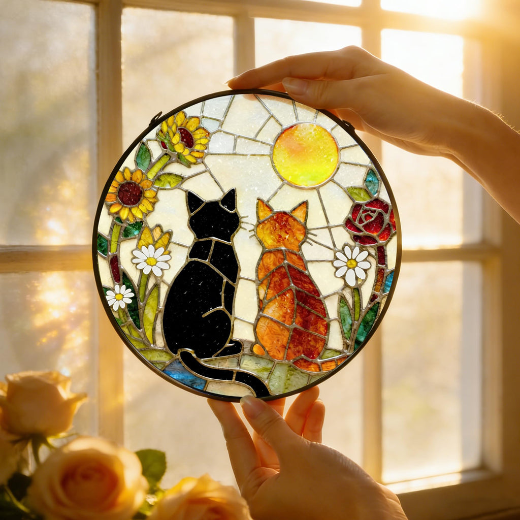 Stained Glass Window Hanging, 7.8" Charming Cat Couple Garden Suncatcher, Sun Catchers Indoor Window Ornament, Suncatchers for Windows, Doors & Home Decor, Gifts for Women, Men, Cat Lover & Pet Lover