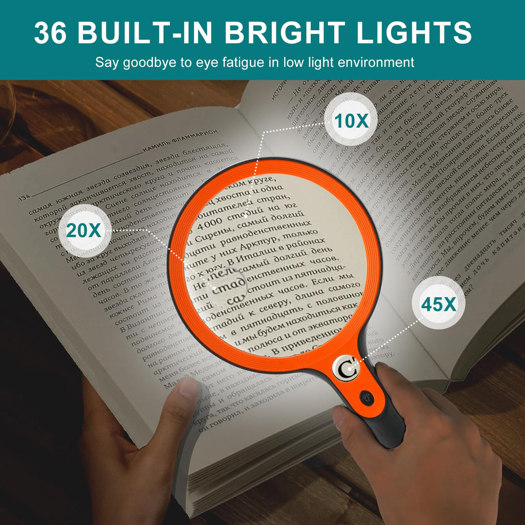 Large Magnifying Glass with 36 LED Light, 10X 20X 45X Handheld Illuminated Lighted Magnifier with 1 UV Light for Seniors Reading, Inspection, Coins, Exploring Close Work