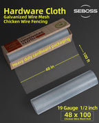 SEBOSS Hardware Cloth 1/2 inch 48 x 100 Ft 19-Gauge, Hot-dip Galvanized After Welding, Chicken Wire Fencing Wire Mesh Roll Rat Wire Gopher Mesh