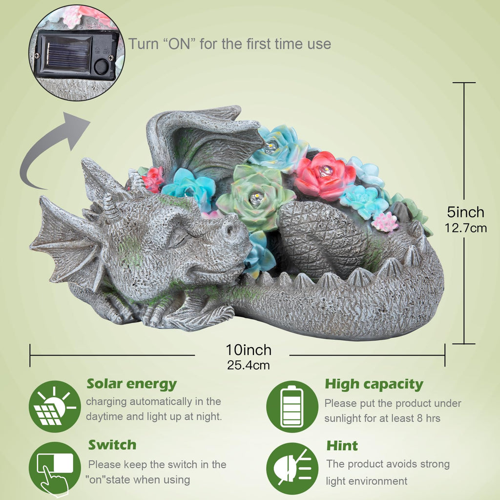 Solar Dragon Garden Statue, Sleeping Dragon with Solar Light Succulent