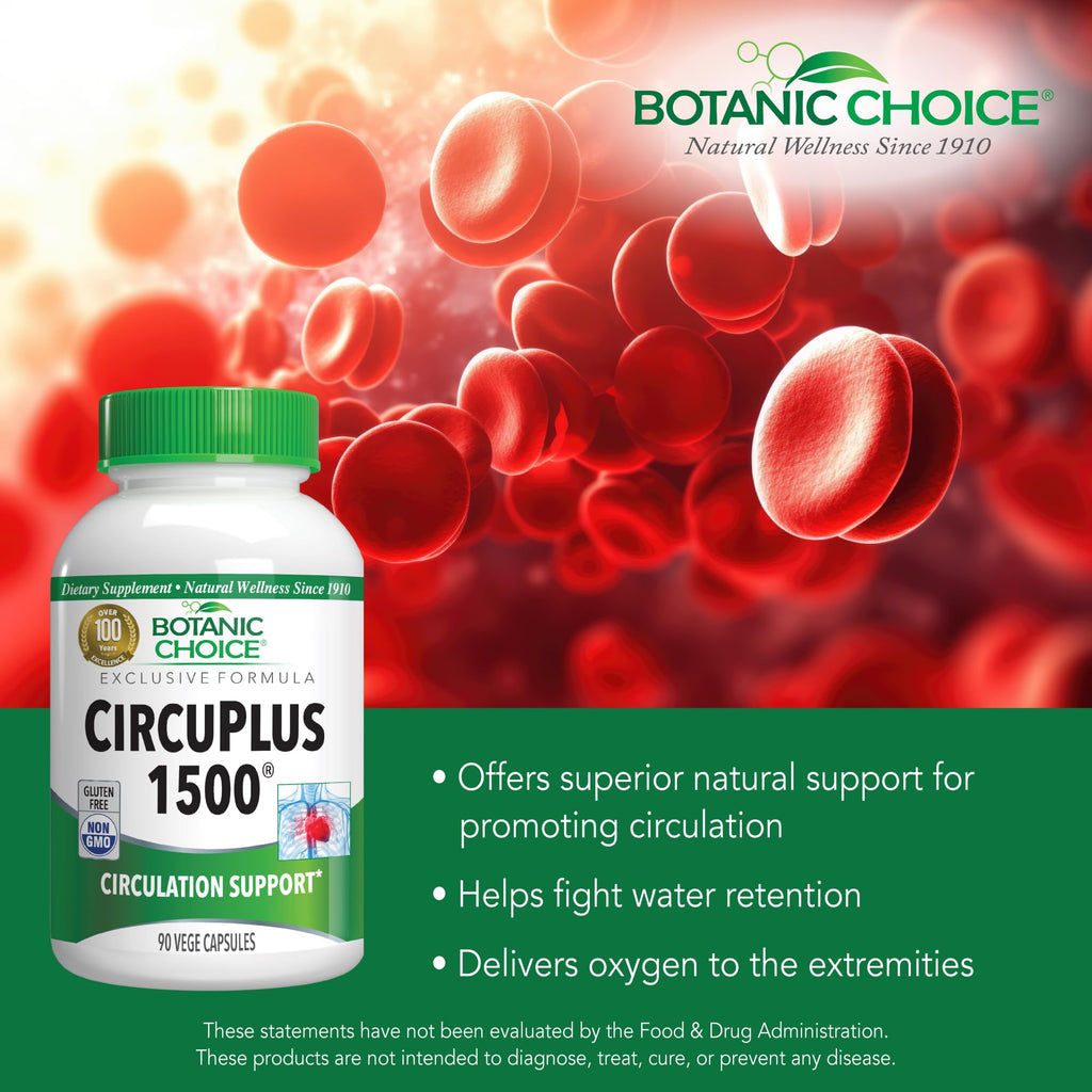 Botanic Choice CircuPlus 1500 - Heart Health & Circulation and Vein Support Supplement - Vitamin B1, Cayenne Pepper, Hawthorn, Ginkgo Biloba for Adults Men & Women (90 Capsules)