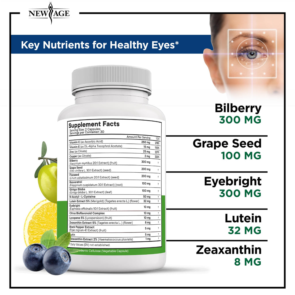 NEW AGE AREDS 2 Eye Vitamins - Lutein, Zeaxanthin, Bilberry, Astaxanthin Mineral Vision Supplement - 180 Count
