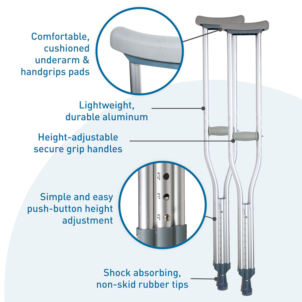 BodyMed Aluminum Crutches, Medium (Pair) - Adjustable Height (5'2" - 5'10"), Lightweight Design, Padded Underarm Cushions & Hand Grips, Non-Slip Rubber Tips - Supports Up to 300 Pounds
