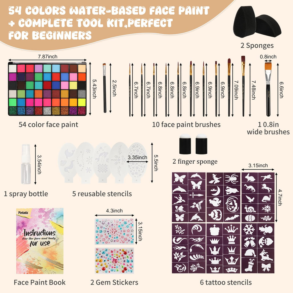 Pintada 54 Color Face Painting Kit for Kids - Non Toxic Water Activated Face Paint Palette with Stencils, Book, Brush & Sponges . For Halloween, Carnival, Party; Costume Makeup for Creative Activities