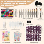 Pintada 54 Color Face Painting Kit for Kids - Non Toxic Water Activated Face Paint Palette with Stencils, Book, Brush & Sponges . For Halloween, Carnival, Party; Costume Makeup for Creative Activities