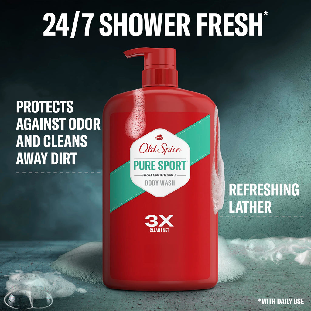 Old Spice Refreshing Body Wash for Men, High Endurance, 3X Defense, 24/7 Shower Fresh with Long Lasting Scent, Pure Sport Scent, 33.4 oz (Pack of 4)