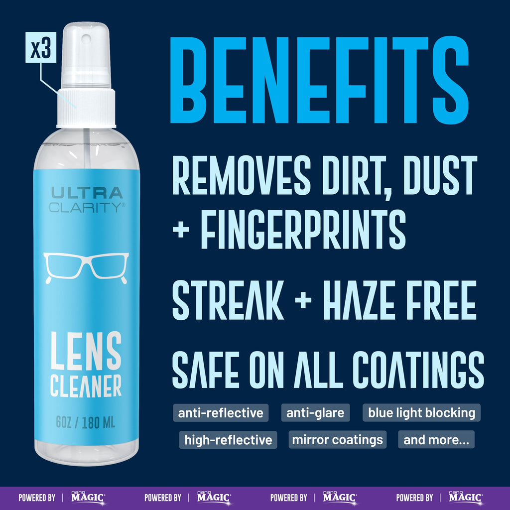 Powered by Nano Magic Eyeglass Lens Cleaning Spray 6 oz (3 Pack) | Professional Grade Formula, Silicone-Free | for Glasses, Phone, Electronic Screens, Optic Surfaces, Coated Surfaces - Made in USA