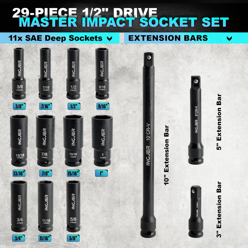INGJER 1/2" 29PCS Impact Socket Set, Mechanic Tool Set,SAE (3/8"-1") & Metric (10-24mm), Standard & Deep Sockets with Extension Bars. CR-MO Steel, High Torque, Ideal for Truck Bearing Locknut.