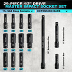 INGJER 1/2" 29PCS Impact Socket Set, Mechanic Tool Set,SAE (3/8"-1") & Metric (10-24mm), Standard & Deep Sockets with Extension Bars. CR-MO Steel, High Torque, Ideal for Truck Bearing Locknut.