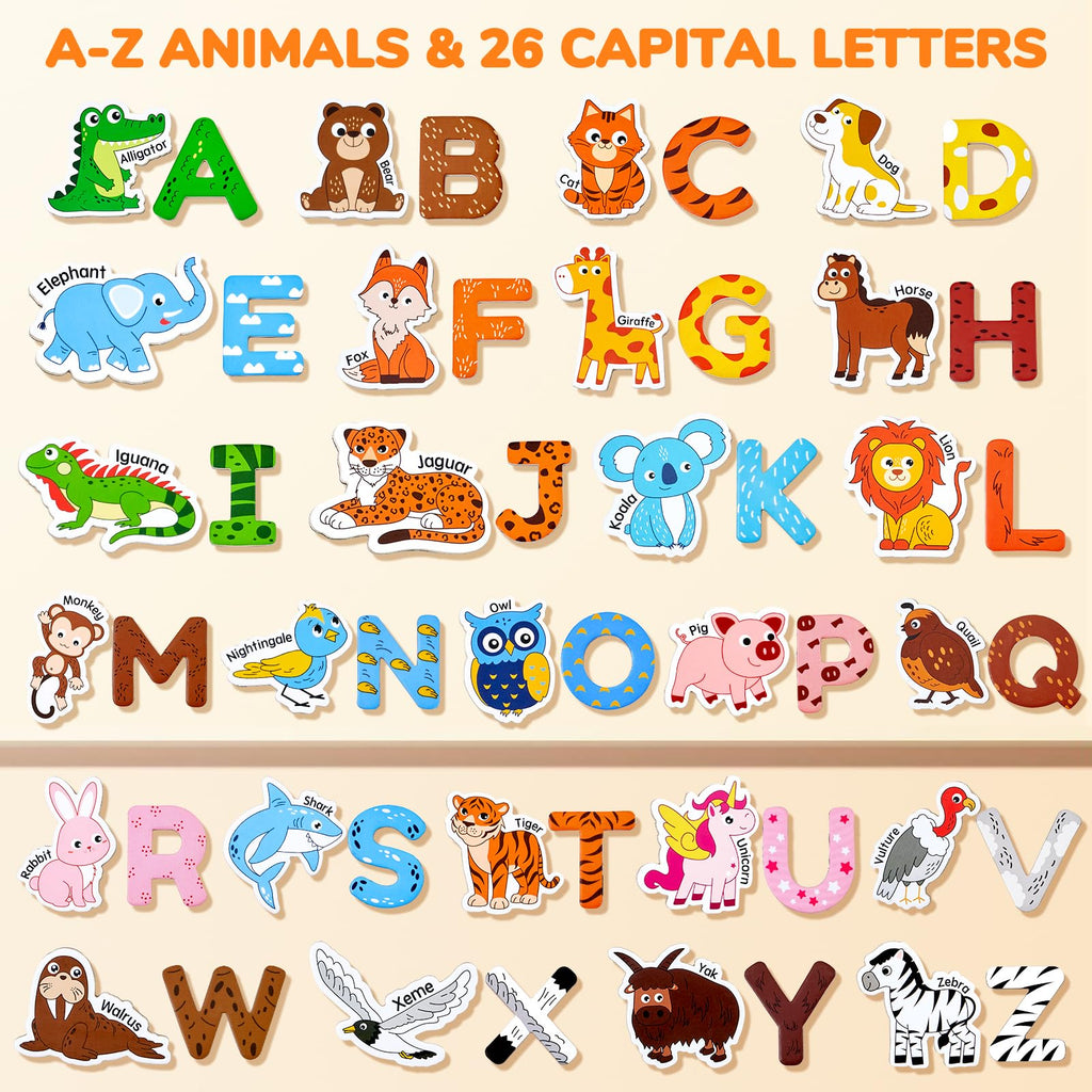 JoyCat Wooden Fridge Magnets for Toddlers – 26 Cute Animals & Uppercase Letters, Large Refrigerator ABC Alphabet Magnets Set for Kids, Preschool Learning Spelling Alphabet Gifts Toy for Ages 2+