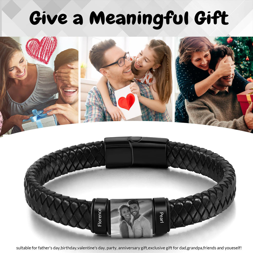 Personalized Picture Bracelet for Men Custom Engraved Bracelets with Photo Name,Custom Bracelet Gift for Boyfriend Husband Father's Day Christmas (Black)