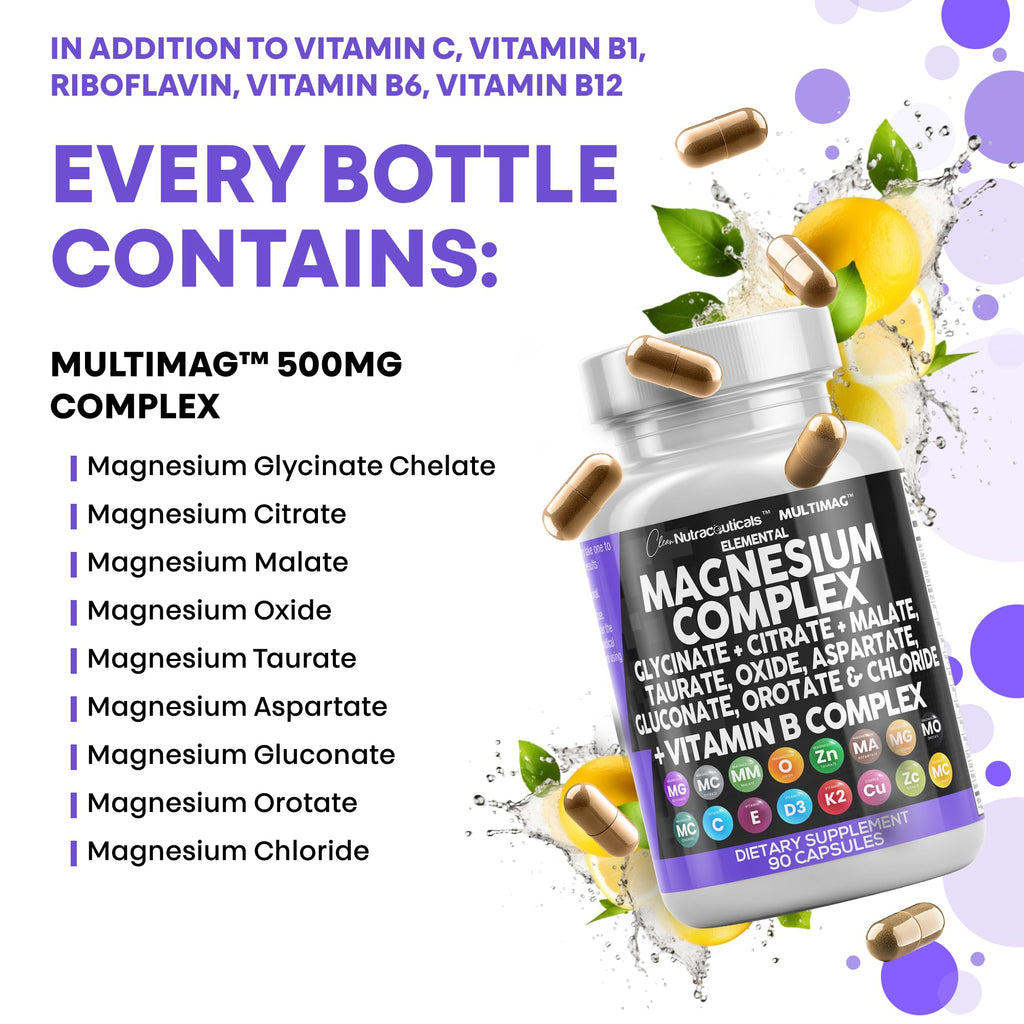 Clean Nutraceuticals Magnesium Complex with Magnesium Glycinate Citrate Malate Oxide Taurate Aspartate Orotate & Mag Chloride, Zinc Copper Manganese & Vitamin C B1 B2 B6 B12 Complex - 1Pack