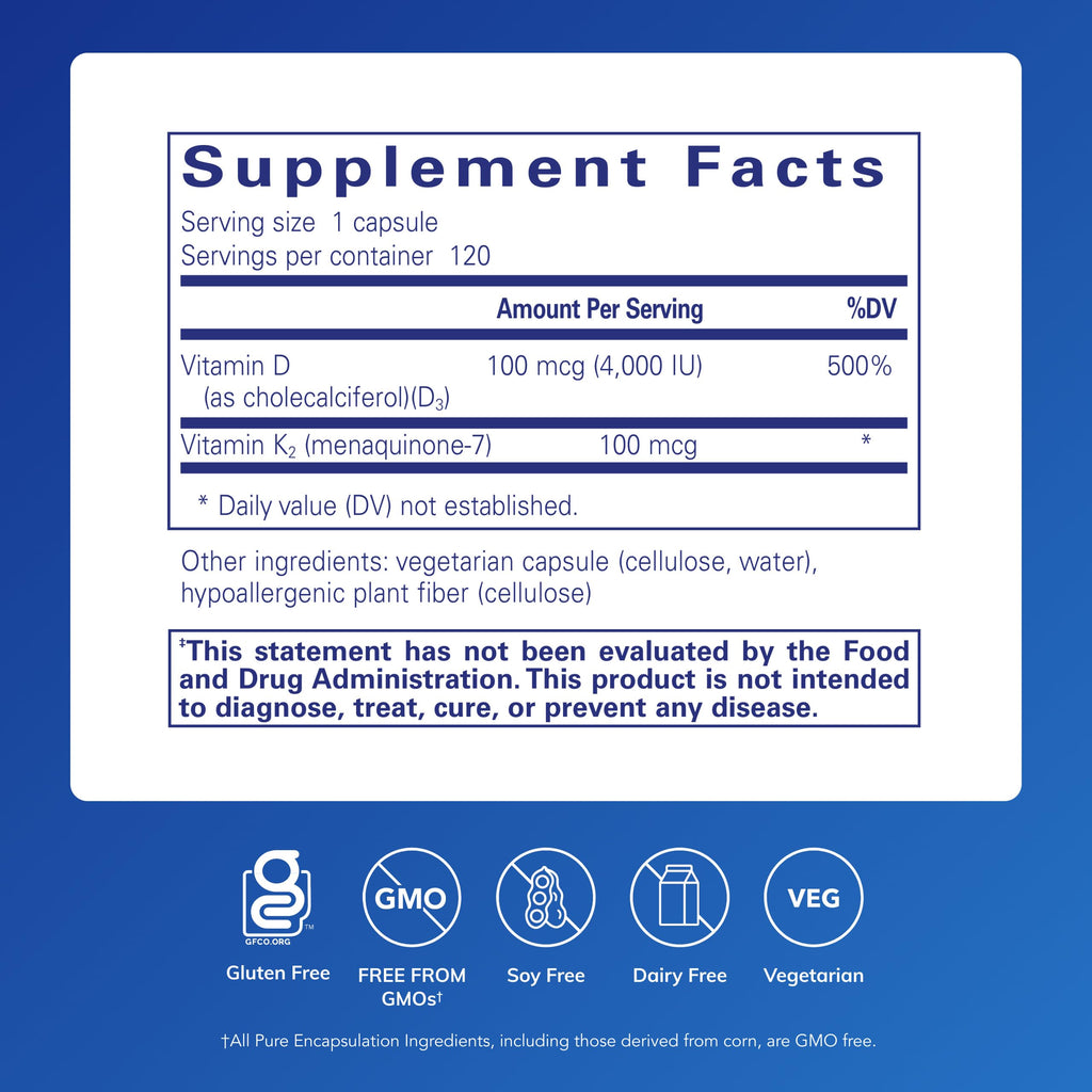 Pure Encapsulations Vitamin D3 & K2 - Bone & Vascular Health Support - Immune Function Support* - Gluten Free - Non-GMO - 120 Capsules