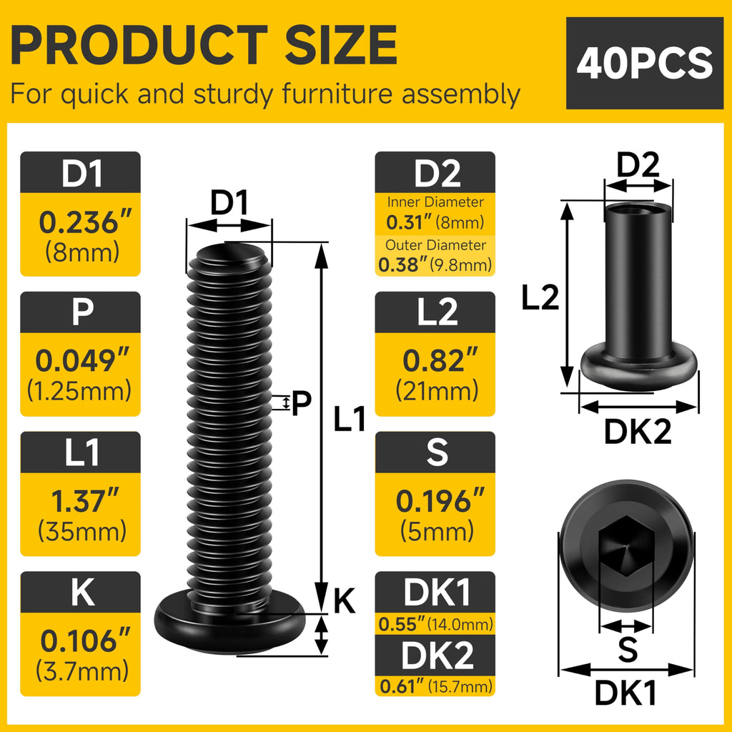 Mywish M8 x 35mm 20Set Flat Head Hex Socket Cap Screws Bolts with Barrel Nuts, 304 Stainless Steel Furniture Bolts Full Thread, Black Oxide & Hex Spanner