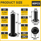 Mywish M8 x 35mm 20Set Flat Head Hex Socket Cap Screws Bolts with Barrel Nuts, 304 Stainless Steel Furniture Bolts Full Thread, Black Oxide & Hex Spanner