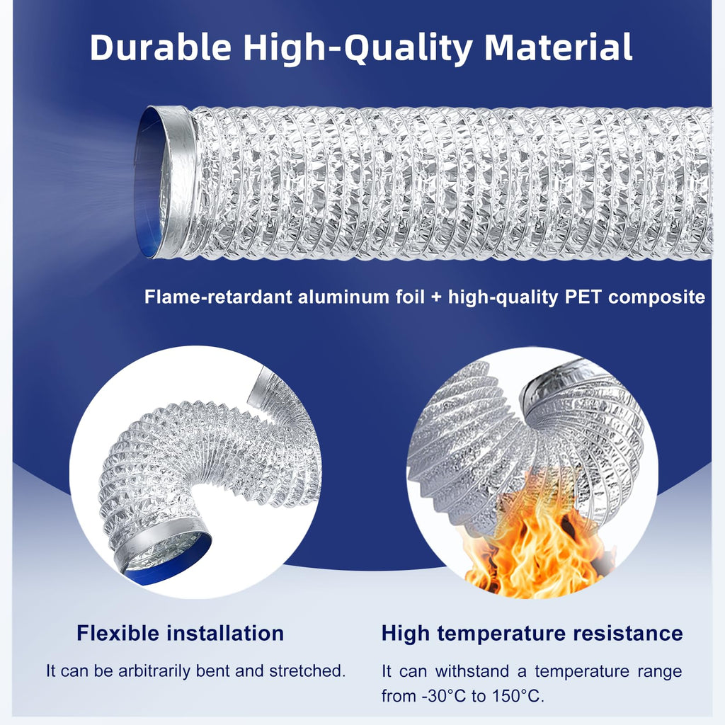 Dryer Vent Hose 4 Inch - Flexible Fire-Resistant Aluminum Duct with Stainless Steel Clamps for Tight Spaces, Dryers, Bathrooms, Workshops, Grill room & Grow Tents (16.5 ft)