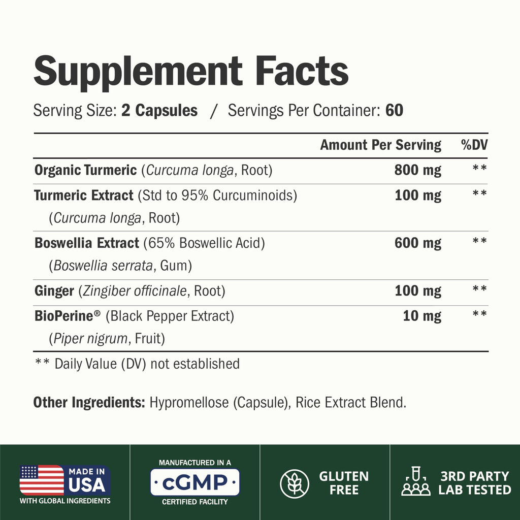 Boswellia Serrata Turmeric Supplement for Joint Support & Inflammation Balance – Turmeric Boswellia Supplement with Ginger & Black Pepper Extract for Enhanced Absorption – Non-GMO - 120 Capsules