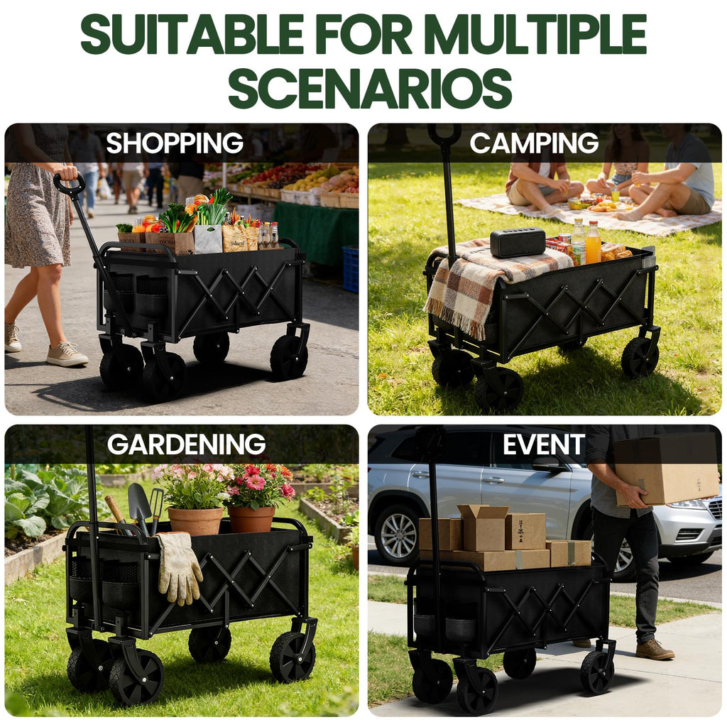 Foldable Wagon, Collapsible Wagon with Wheels, Small Wagons Cart with Flexible Handle, Portable Grocery Utility Wagons for Camping, Garden, Sports, Black