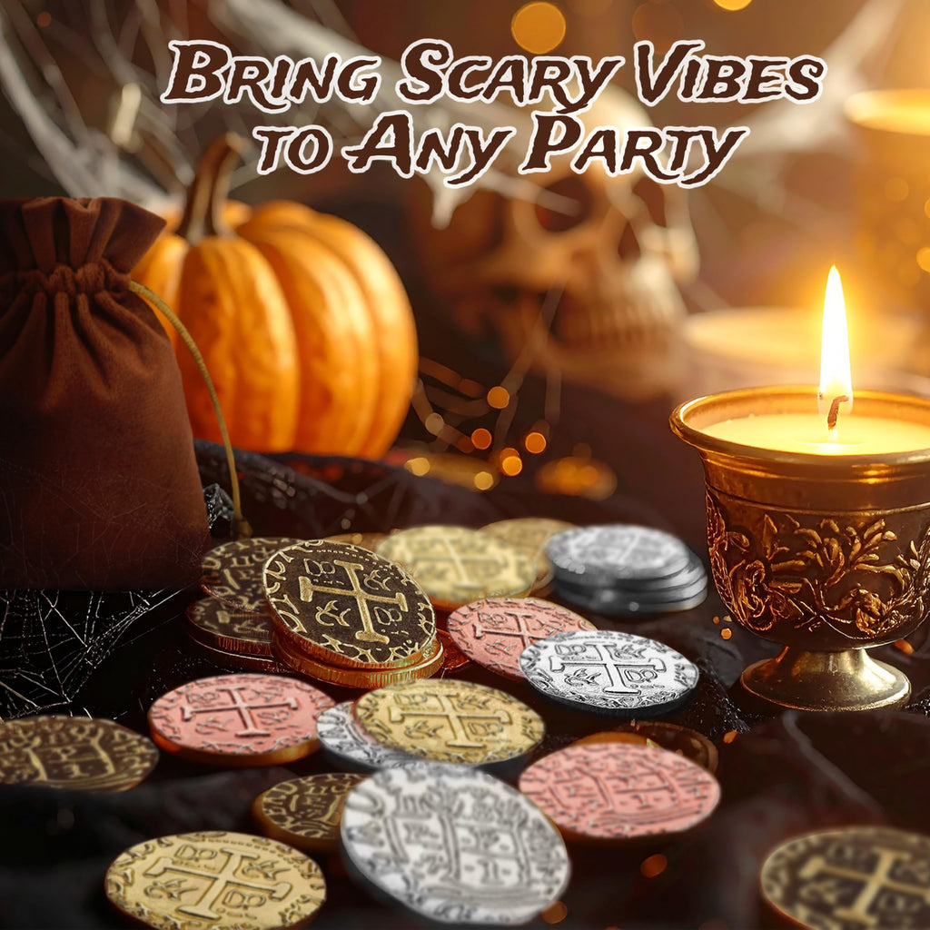 Leib Games Metal Pirate Coins - 100 Gold Treasure Coin Set, Metal Replica Spanish Doubloons for Halloween Pirate Party Decorations & Favors, Tokens, Toys, Cosplay - Pirate Treasure Chest, Size 7/8"