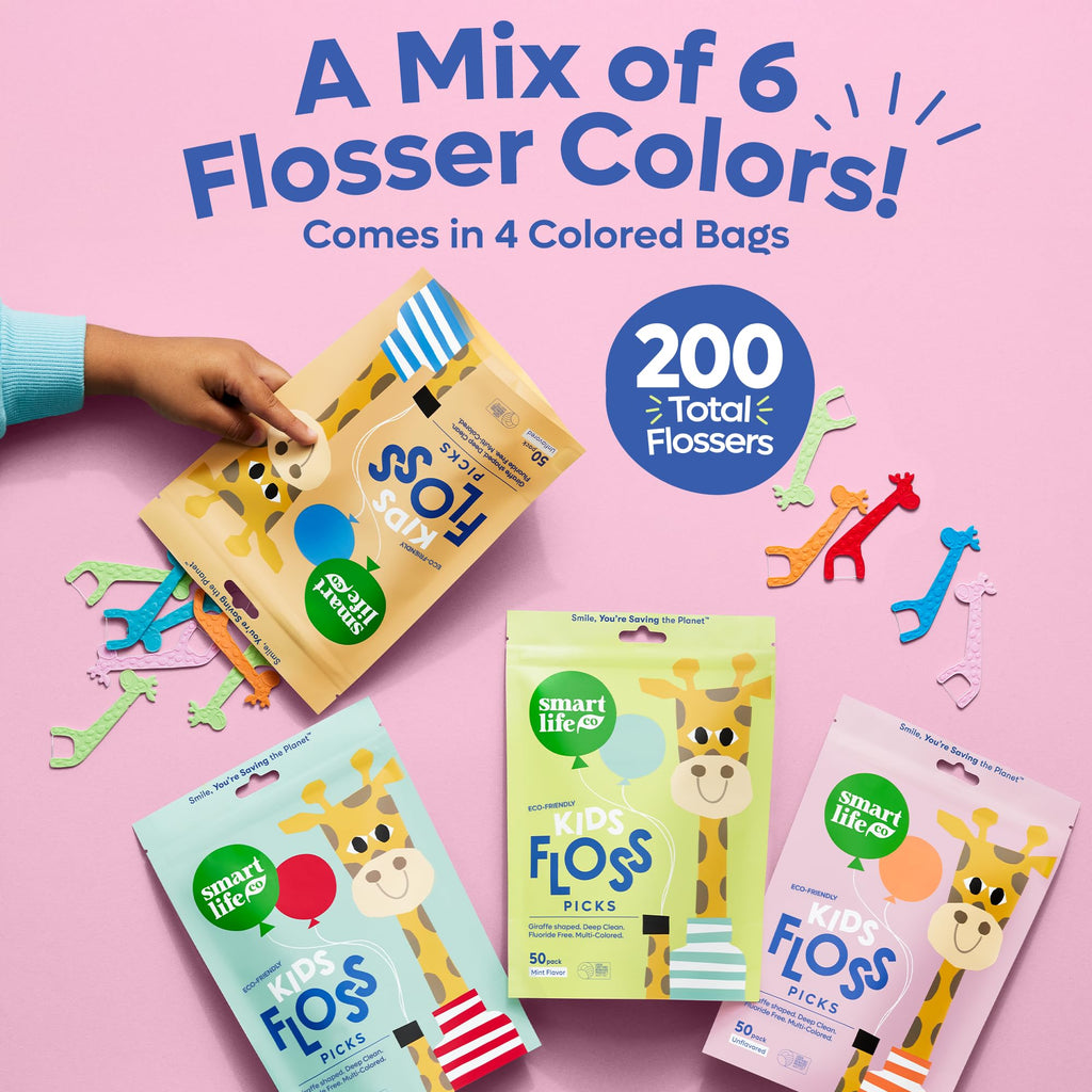SmartLifeco Eco-Friendly Kids Flossers (200ct) - Dental Floss Picks for Children Made with Straw Wheat, Fluoride & PFA Free, Toothpick Flossing Sticks for Toddler Teeth, No Shred Thread, Unflavored