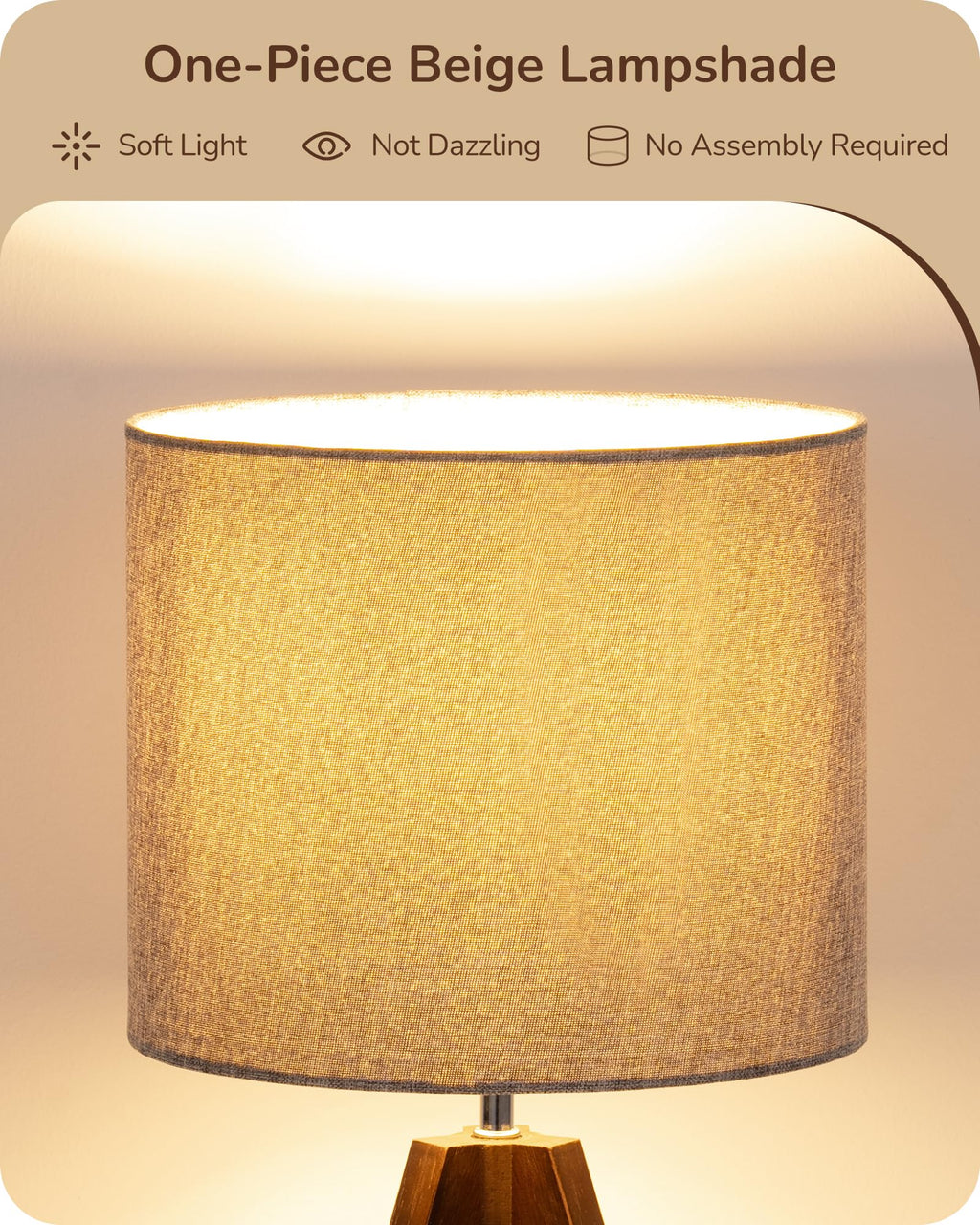 EDISHINE Boho Small Table Lamp, Walnut Color Wooden Tripod Bedside Lamp, Farmhouse Nightstand Lamp for Nursery, Bedroom, Office, Kid Room, Living Room, Grey Linen Lampshade, E26 Socket, 14.2 Inch