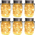 GIGALUMI Hanging Mason Jar Solar Lights, 6 Pack 30 Led Hanging Solar Lanterns Outdoor Waterproof, Hangers and Jars Included, Outdoor Decor for Balcony, Garden, Patio, Yard, Wedding