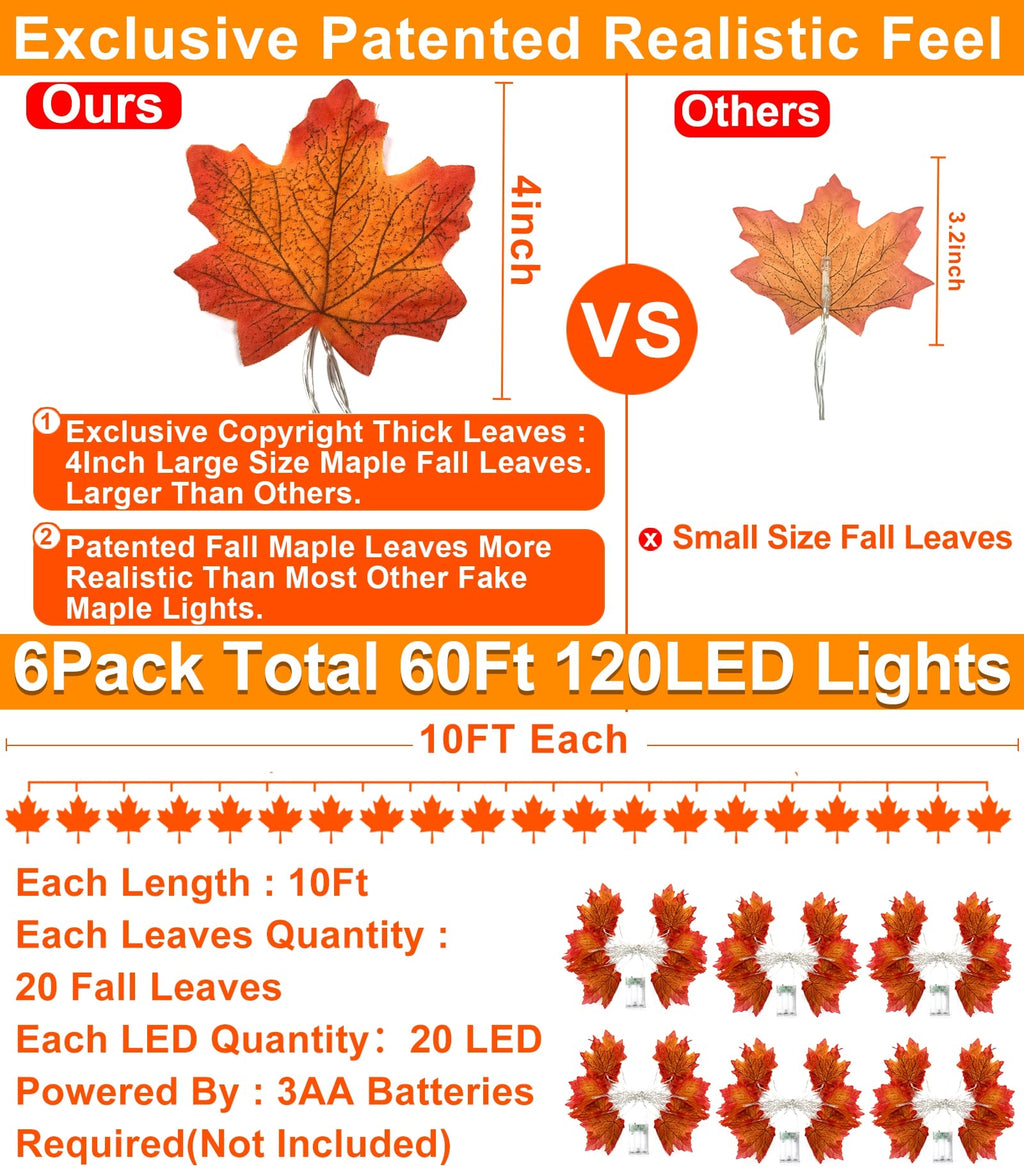 TURNMEON 6 Pack Fall Garland with Lights Enlarged Maple Leaves 60Ft 120LED