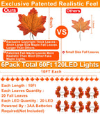 TURNMEON 6 Pack Fall Garland with Lights Enlarged Maple Leaves 60Ft 120LED