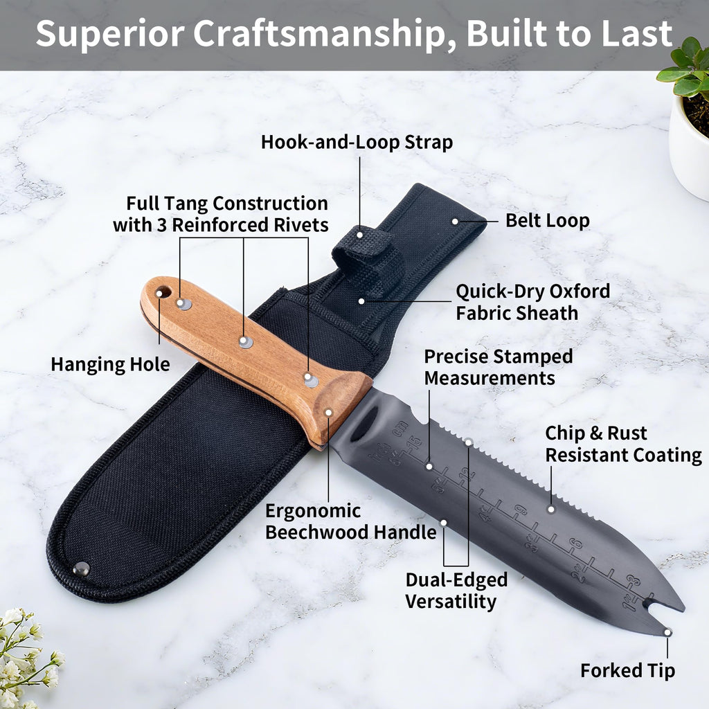 YANG Hori Hori Garden Knife, 7" Stainless Steel Gardening Knife with Oxford Cloth Sheath, Full Tang Beechwood Handle Garden Tool for Dividing Plants & Weeding, Forked Tip for Transplanting