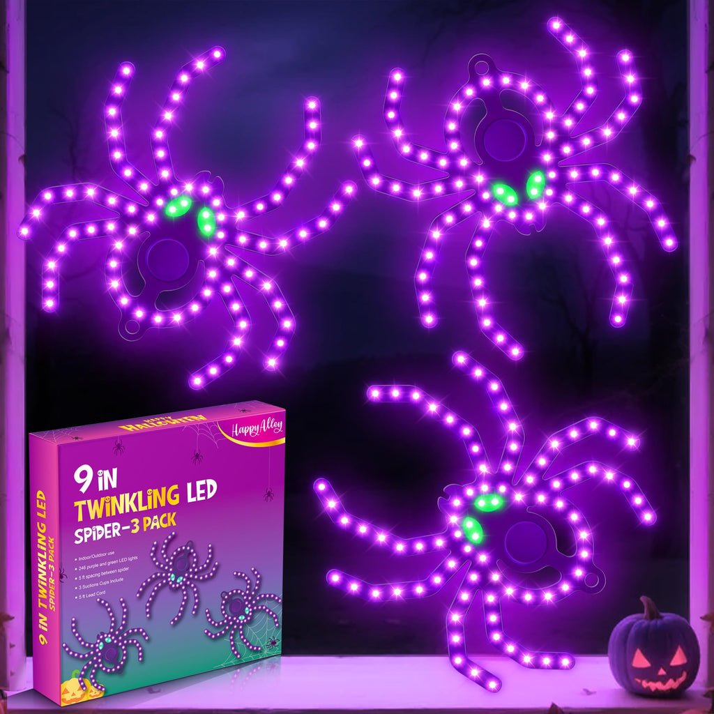 HappyAlley 3 Pack 9" Halloween Classics Twinkling LED Spiders, Hi-Vibrant Aluminum Frame Spiders Window Silhouette Lights, 234 Purple and 12 Green LED Lights, Holiday Indoor Outdoor Decoration