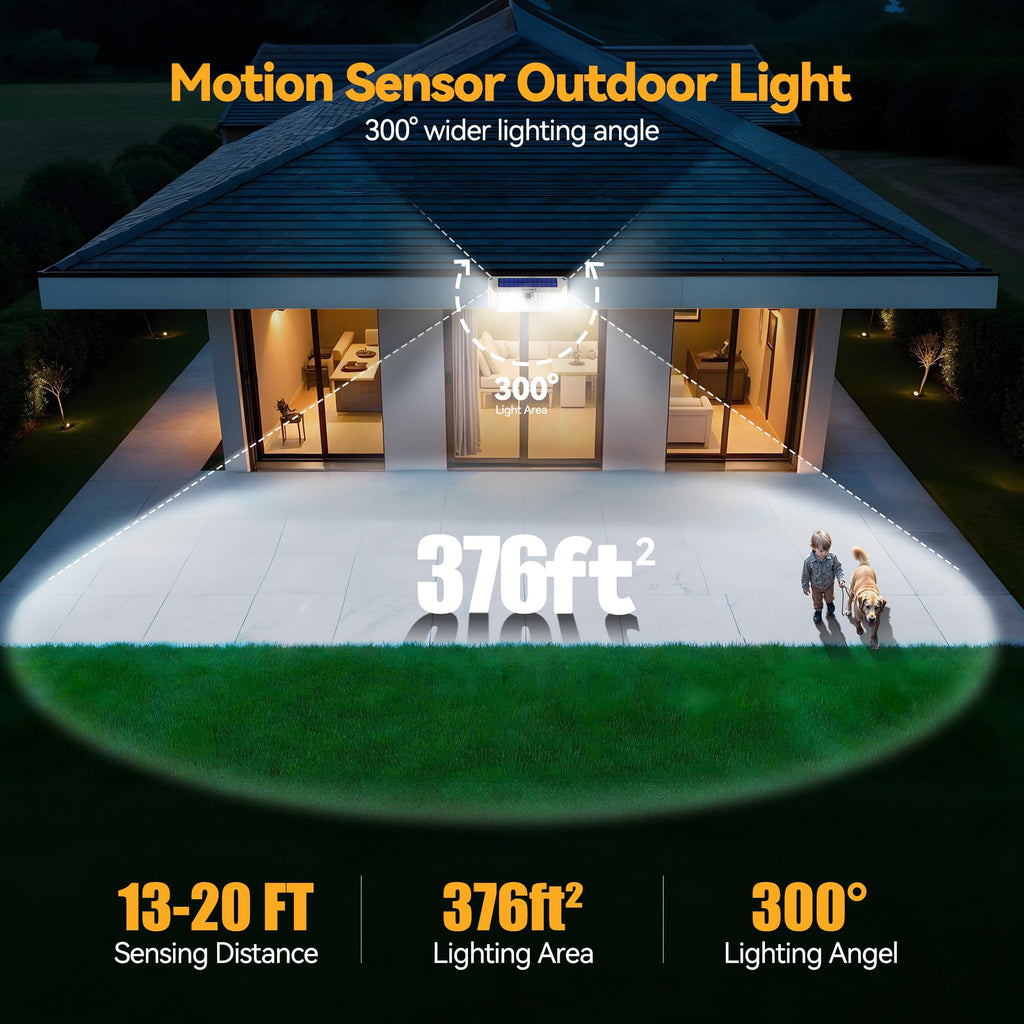 TECKNET 416 LED Solar Powered Outdoor Lights, 300° Angle & 3 Lighting Modes Motion Sensor Light Outdoor, Security Solar Lights Waterproof - 2 Pack, White, Cold Light