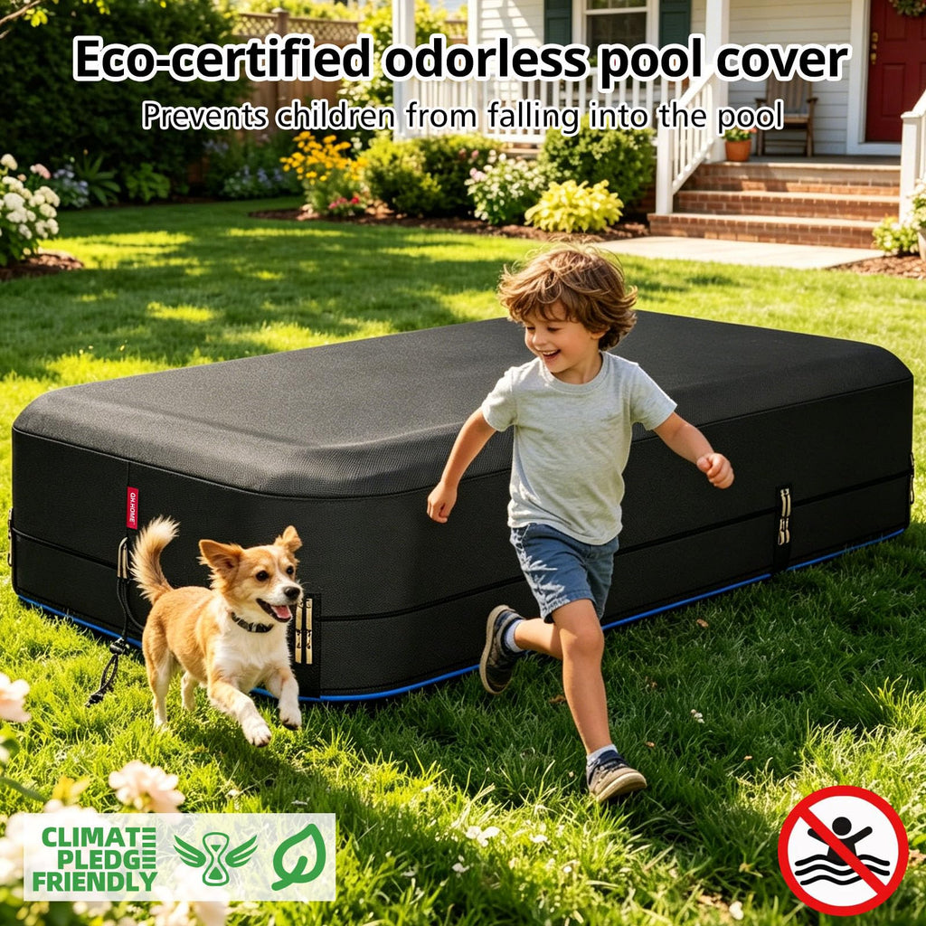 QH.HOME 90"x60" Rectangular Pool Cover for Inflatable Pool,Black Oxford Fabric Heats Water, Blocks Leaves & Sun, Windproof Snug Fit with Patented Ratchet & Weight Rings