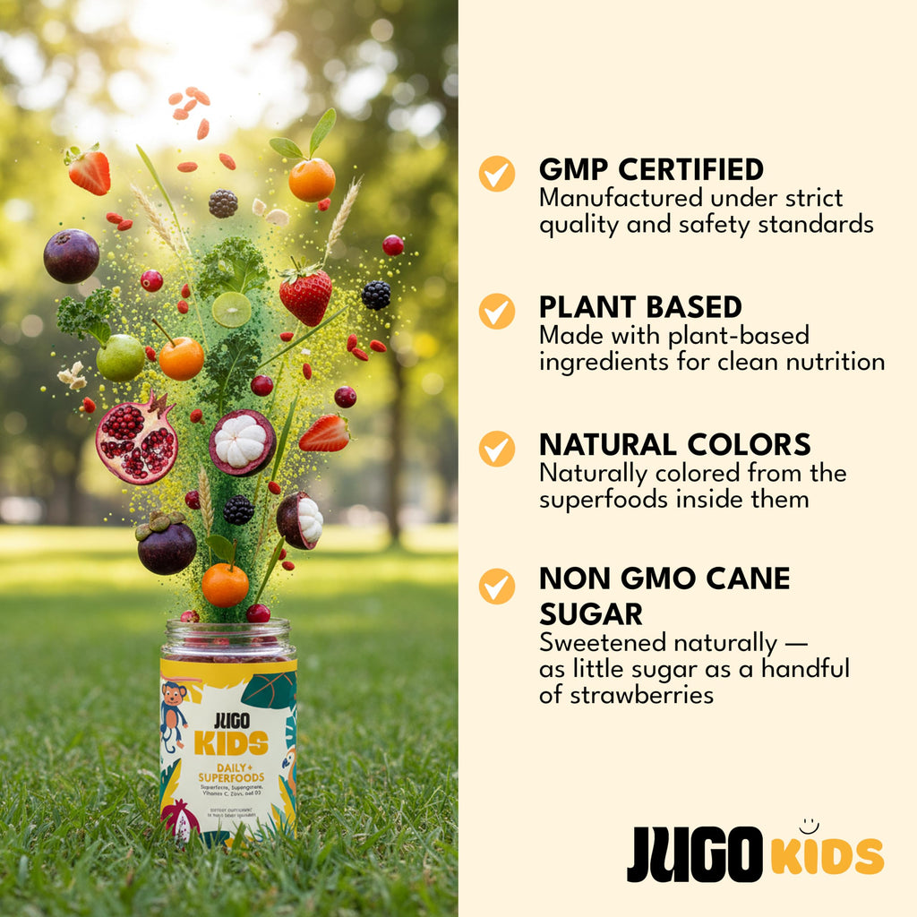 JUGO Kids Daily + SUPERFOODS Multivitamin Gummies for Picky Eaters with Super Greens & Super Fruits, Vitamin C, A, and Zinc Supplements with Biotin, Gluten-Free, Non-GMO, 50 Count