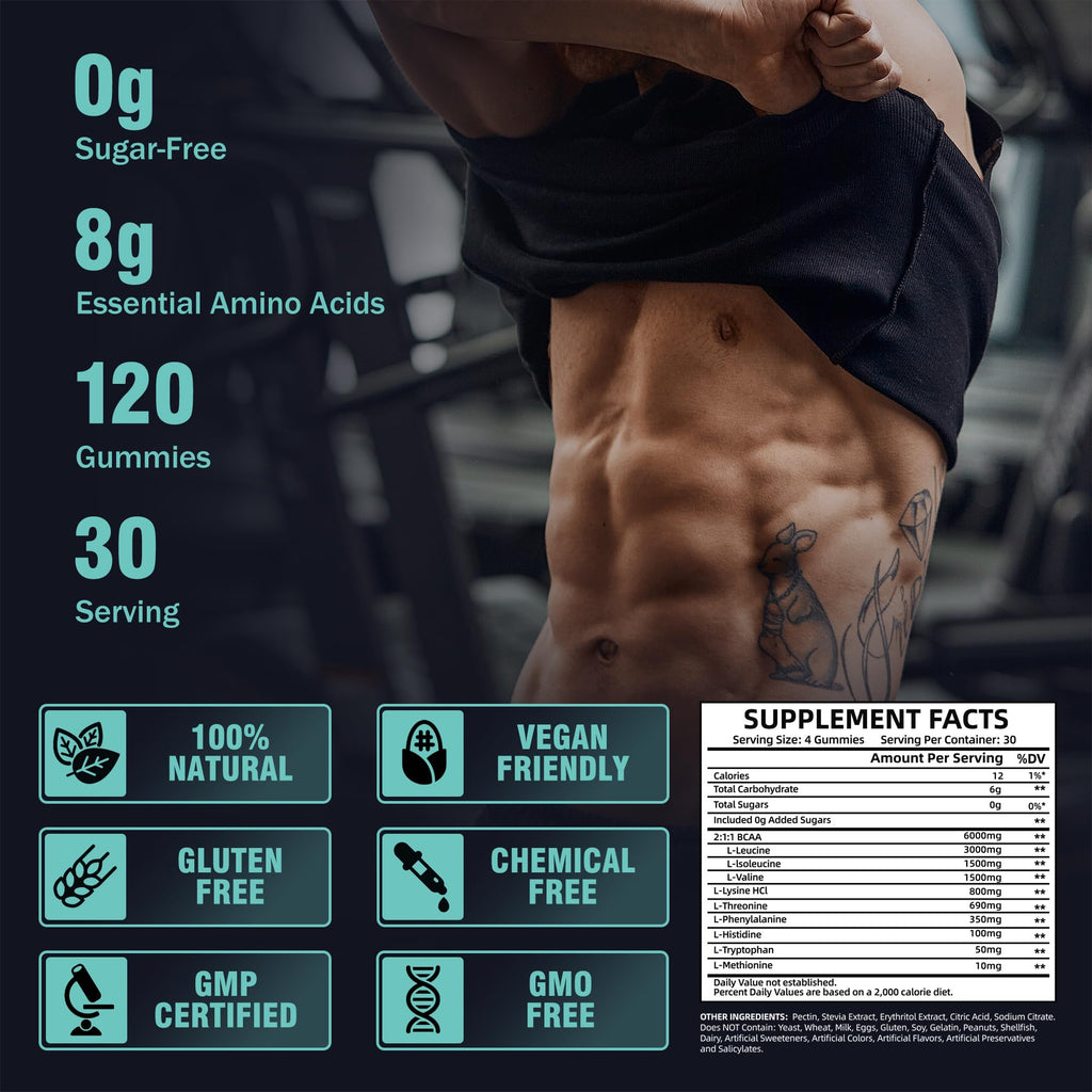 VIFSSG EAA Gummies 120 Gummies (Blue Raspberry), Essential Amino Acids - All 9 Essential Aminos (EAA) and All Branched-Chain Aminos (BCAAs), Non-GMO, Gluten Free, Vegetarian Friendly