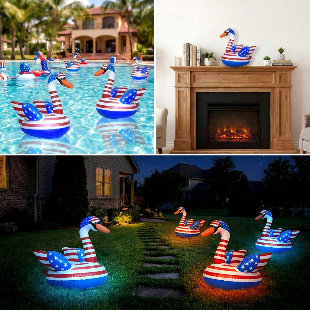 Arrowbash 2 Pack 4th of July Inflatable Swan Floating Pool Lights 19 x 16 Inch Led Patriotic Inflatable Floating Pool Lights Red White and Blue Glow in The Dark Pond Decoration for Memorial Day Party
