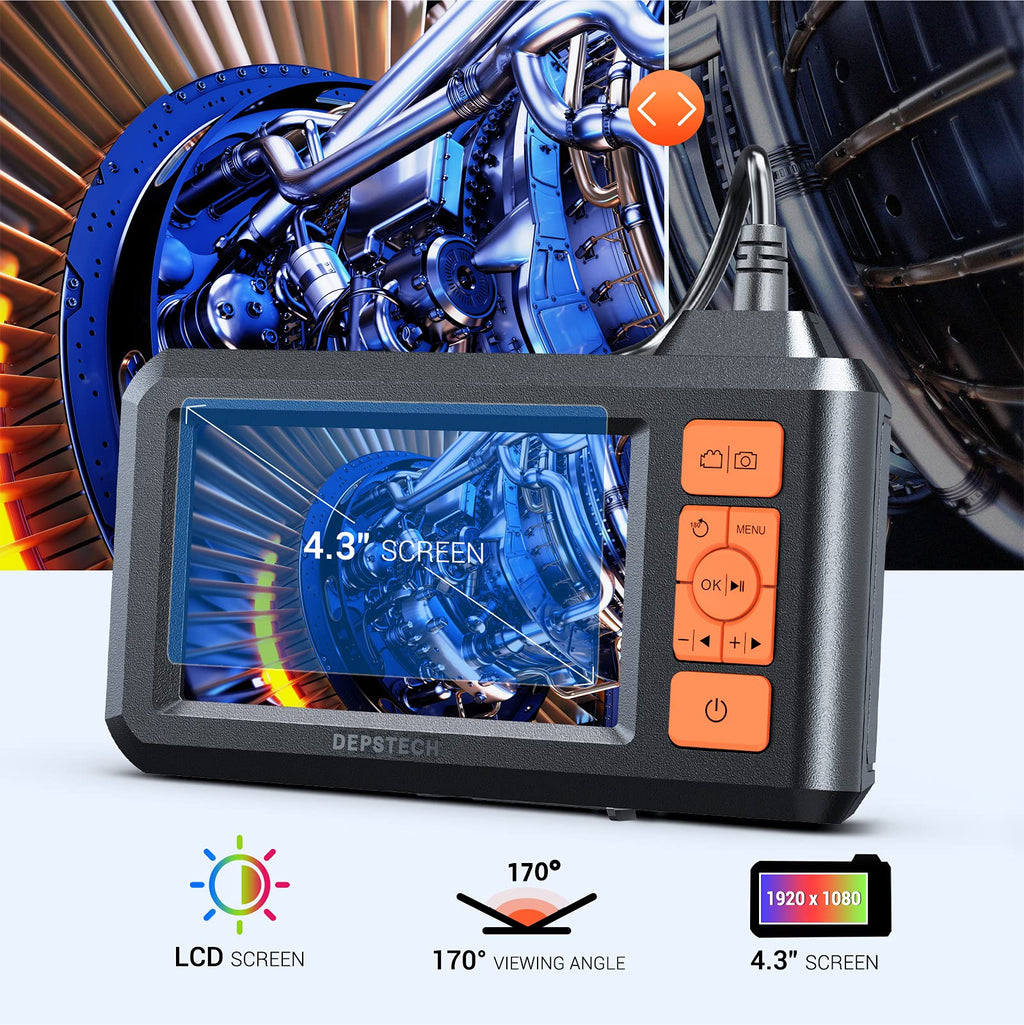 DEPSTECH Dual Lens Industrial Endoscope, 1080P Digital Borescope Inspection Camera, 7.9mm IP67 Waterproof, Sewer Camera with 4.3" LCD Screen, 7 LED Lights, 16.5FT Semi-Rigid Cable, 32GB Card - Orange