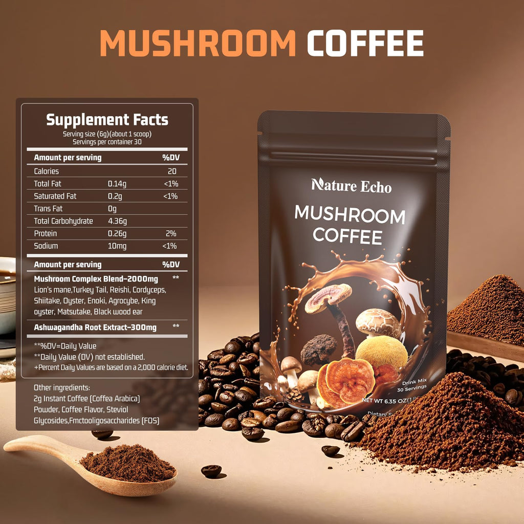 Mushroom Coffee 11 in 1 Mushrooms with Ashwagandha, Lion's Mane, Reishi, Cordyceps, Shiitake, King Oyster & Turkey Tail,Instant Coffee Powder for Energy, Focus, Memory & Immunity Support(30 Servings)